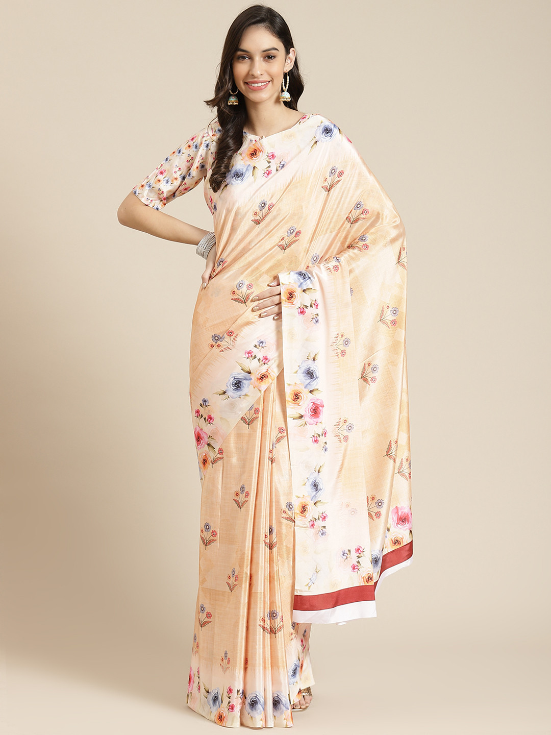 

Havida Sarees Peach-Coloured Floral Silk Blend Ready to Wear Block Print Saree
