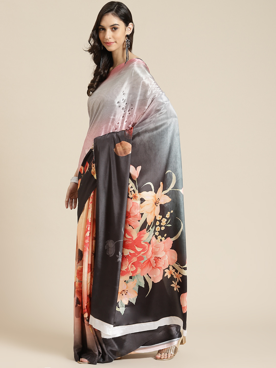 

Havida Sarees Black Floral Silk Blend Ready to Wear Block Print Saree