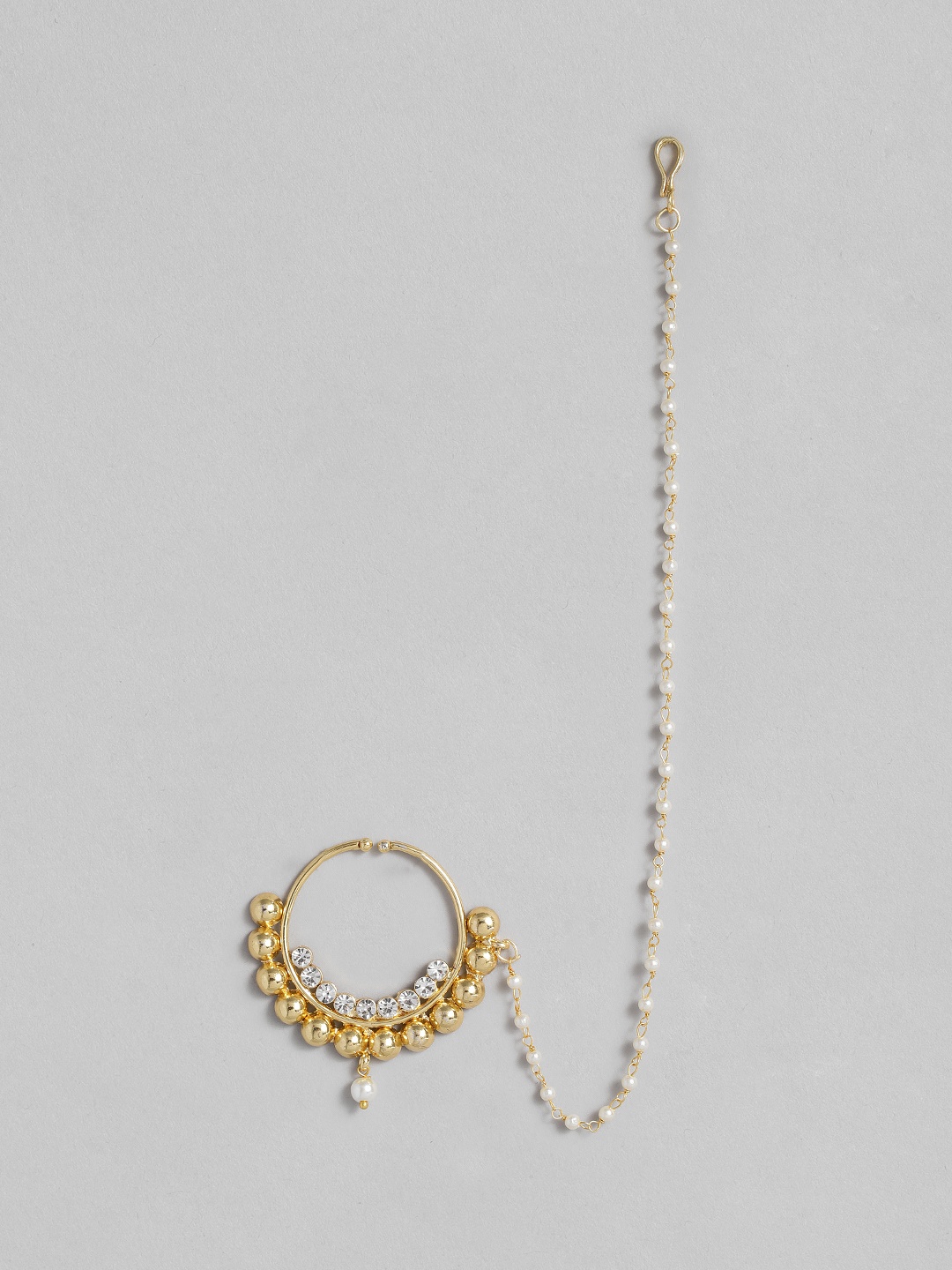 

I Jewels Gold Plated Stone & Pearls Studded Chained Nose Ring