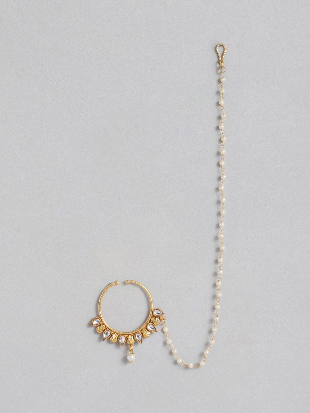 

I Jewels Gold Plated Pearl & Kundan Studded Chained Nose Ring