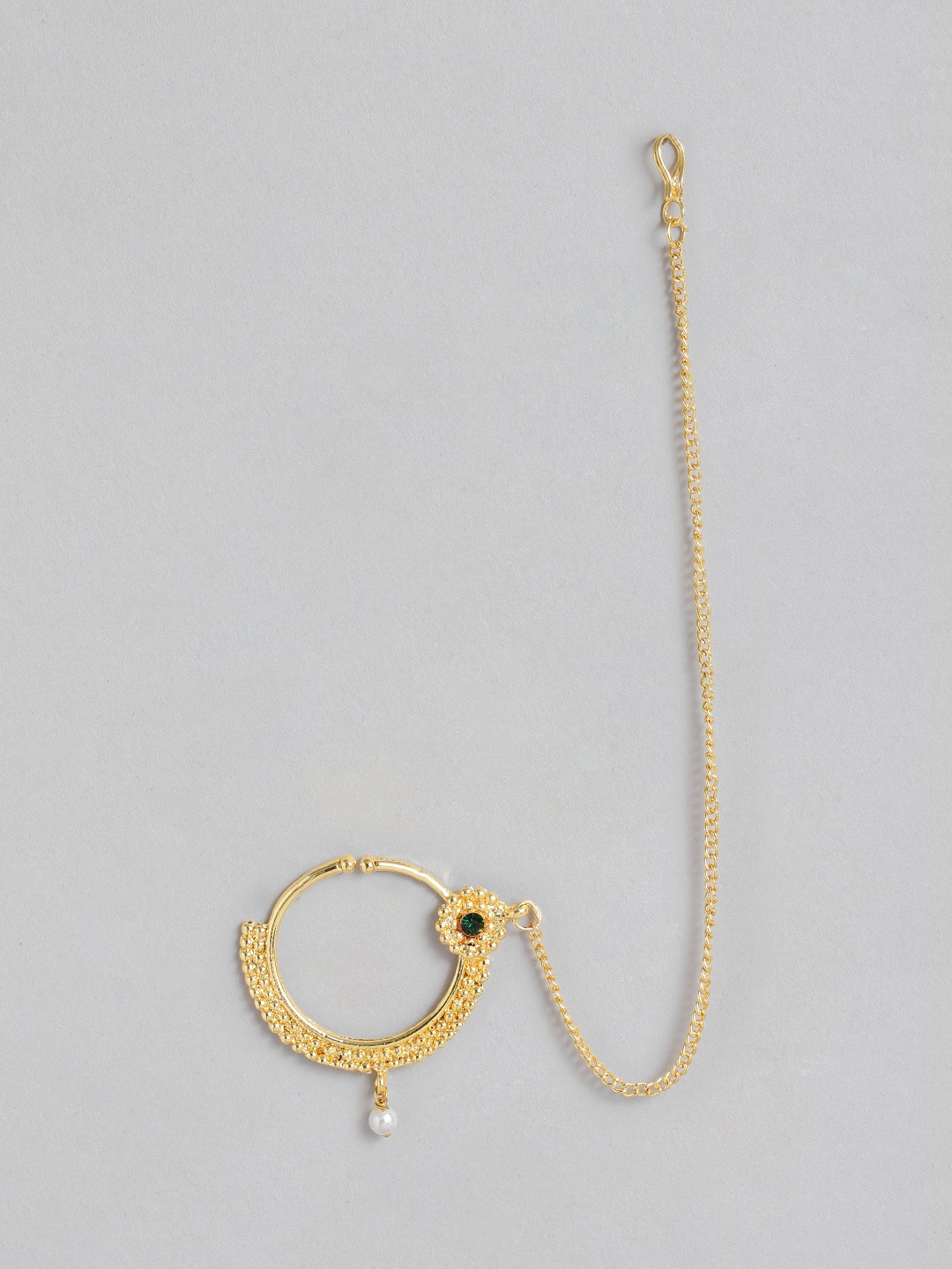 

I Jewels Green Gold Plated Stone & Pearl-Studded Chained Nose Ring