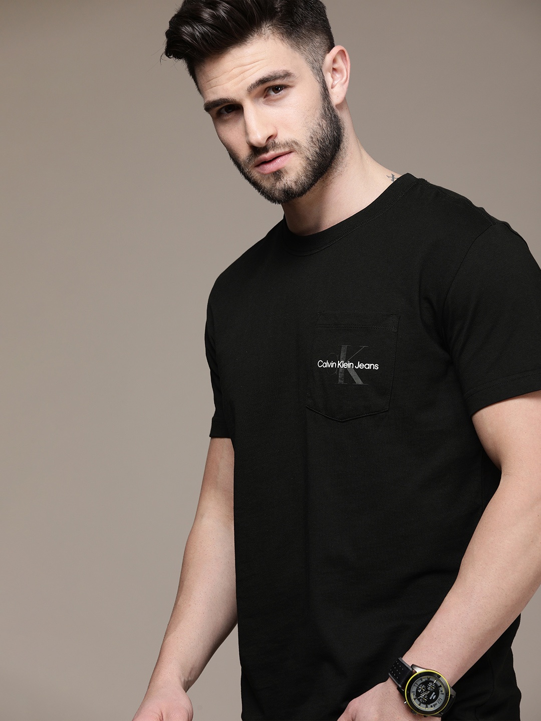 

Calvin Klein Jeans Men Black Brand Logo Printed Pure Cotton T-shirt