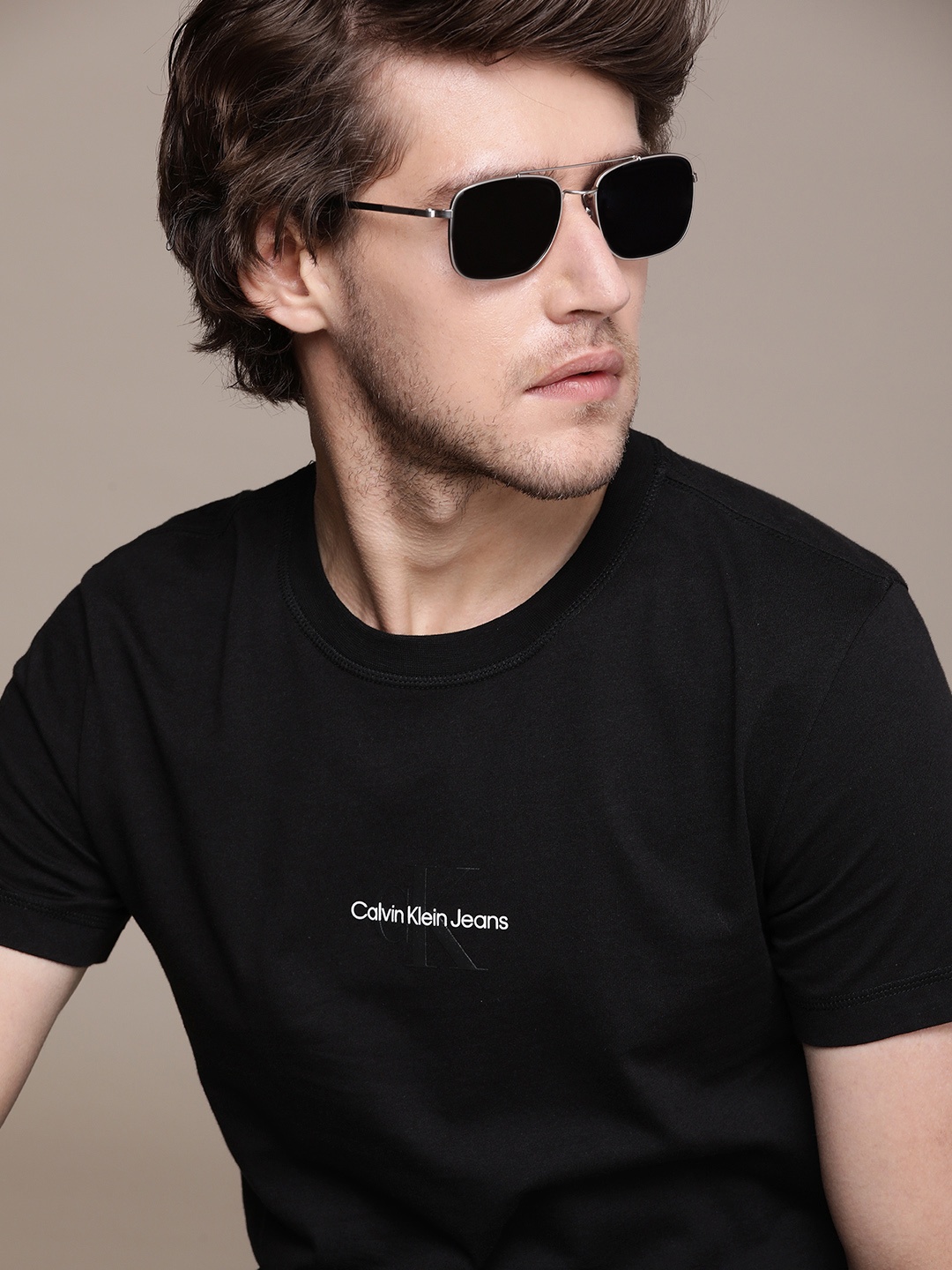 

Calvin Klein Jeans Men Black Brand Logo Printed Pure Cotton Slim Fit T-shirt