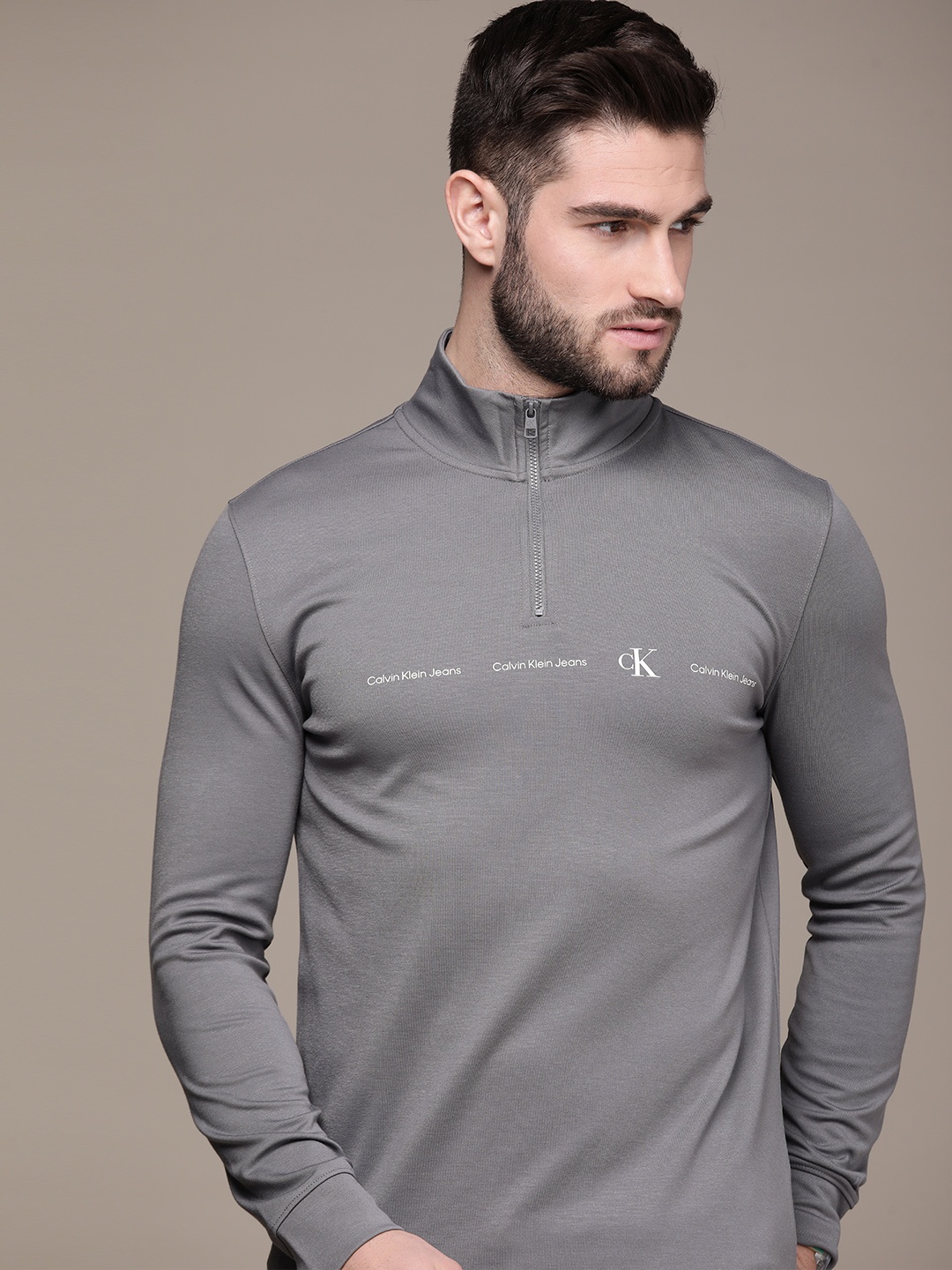 

Calvin Klein Jeans Men Grey Brand Logo Printed High Neck Slim Fit T-shirt