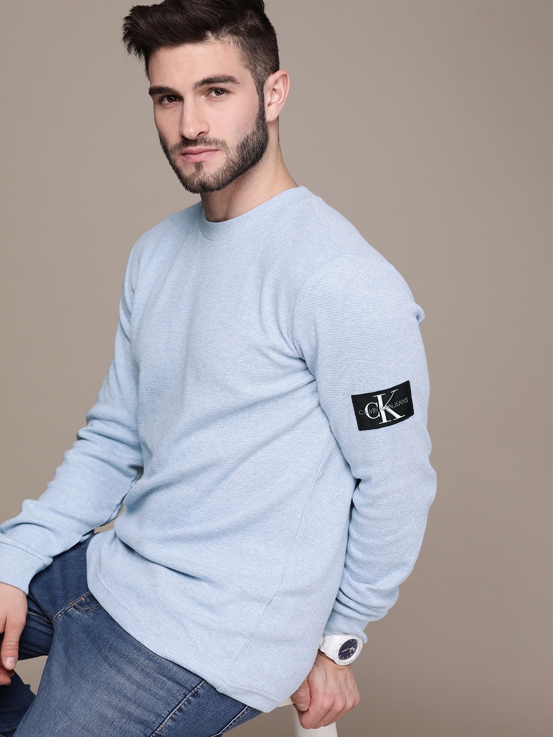 

Calvin Klein Jeans Men Blue Pure Cotton T-shirt with Applique Detail