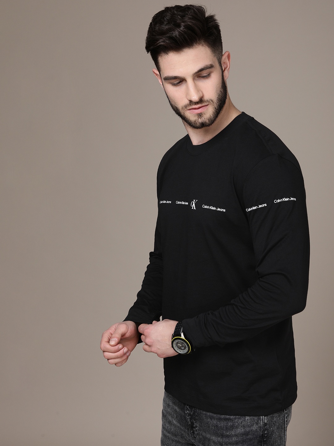 

Calvin Klein Jeans Men Black Brand Logo Printed Pure Cotton T-shirt