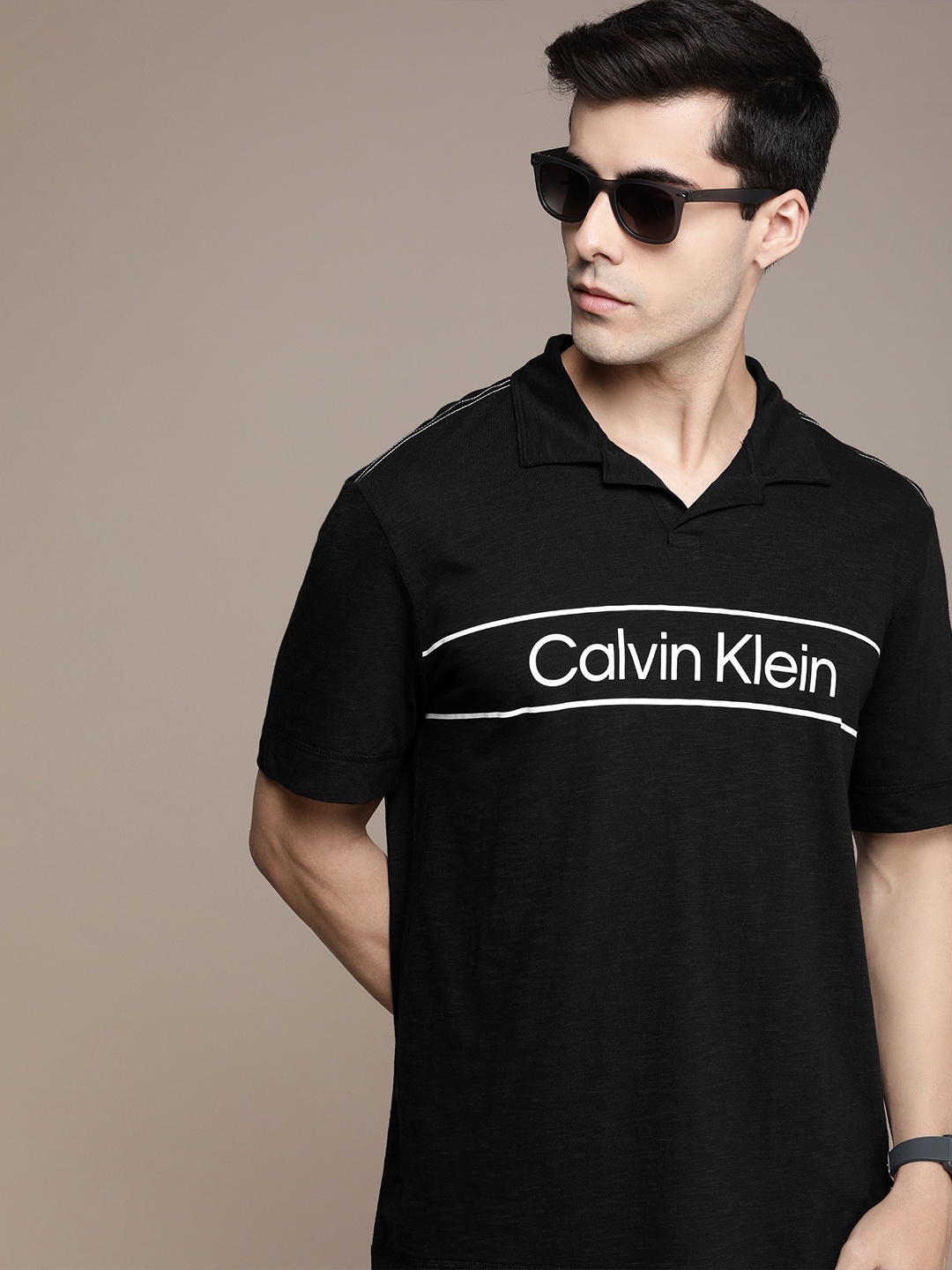 

Calvin Klein Jeans Men Black Brand Logo Printed Polo Collar T-shirt