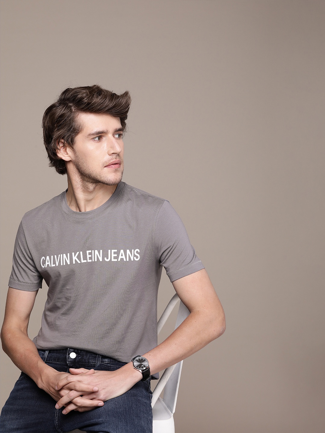 

Calvin Klein Jeans Men Grey Brand Logo Printed Pure Cotton Slim Fit T-shirt