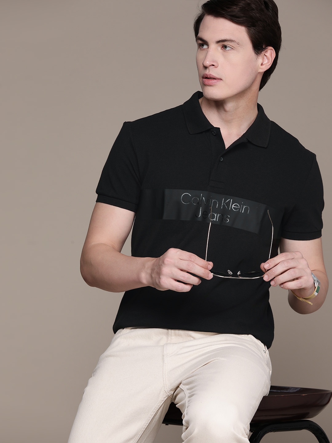 

Calvin Klein Jeans Brand Logo Printed Pure Cotton Polo Collar T-shirt, Black