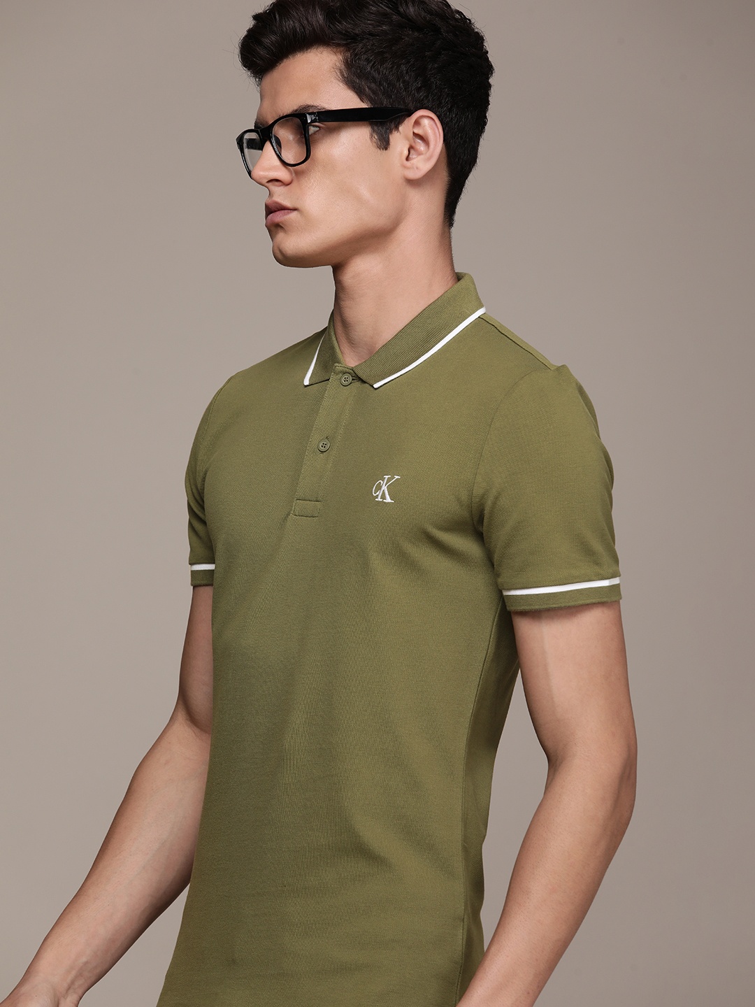 

Calvin Klein Jeans Men Olive Green Polo Collar Slim Fit T-shirt