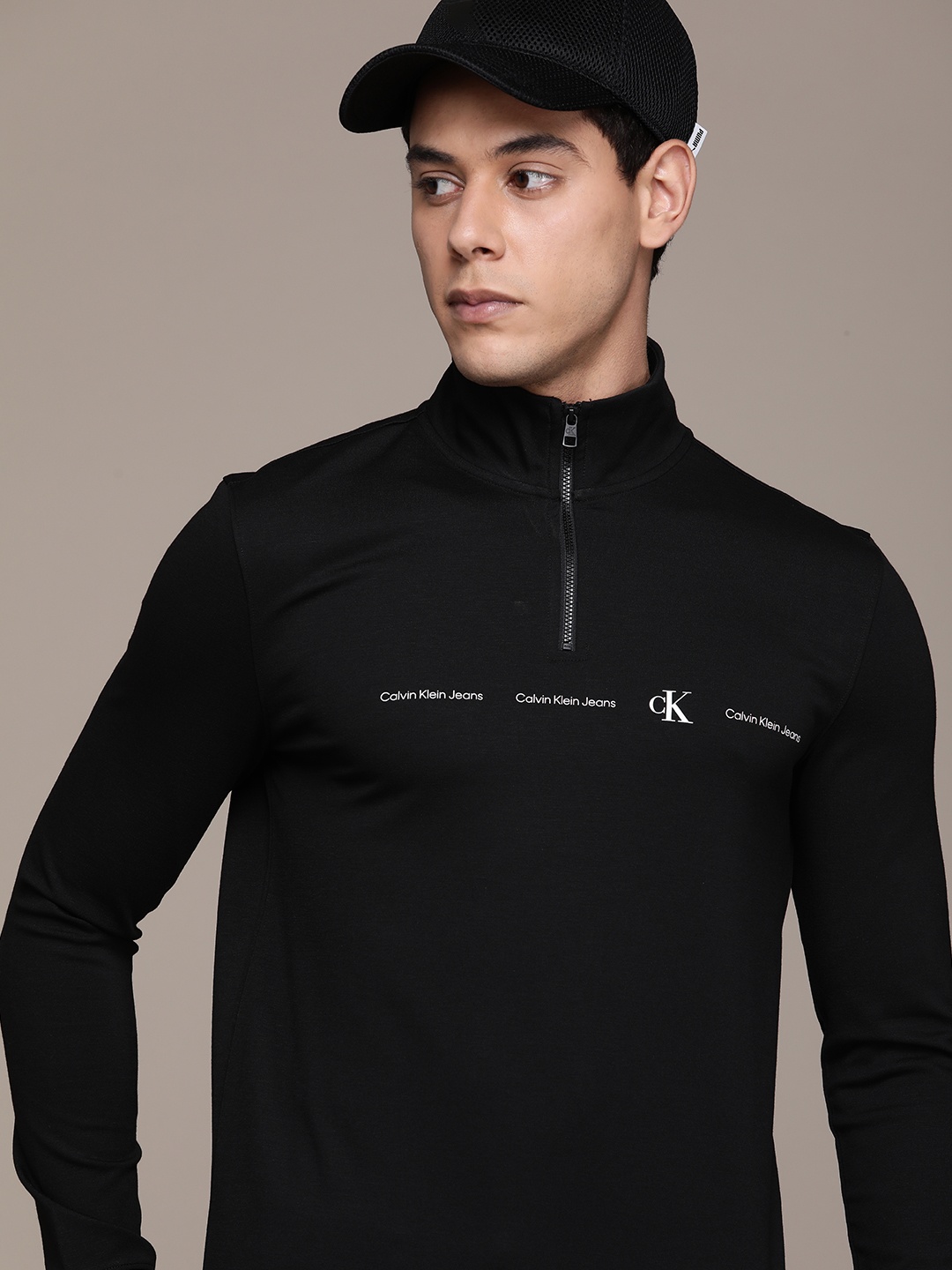 

Calvin Klein Jeans Men Black Brand Logo Printed High Neck Slim Fit T-shirt