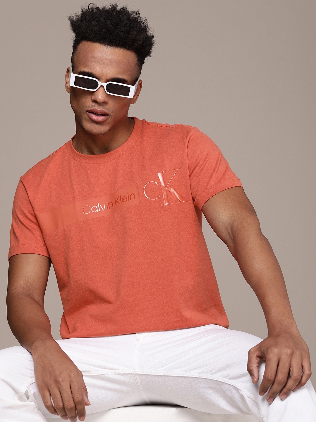 

Calvin Klein Jeans Brand Logo Printed Pure Cotton T-shirt, Coral