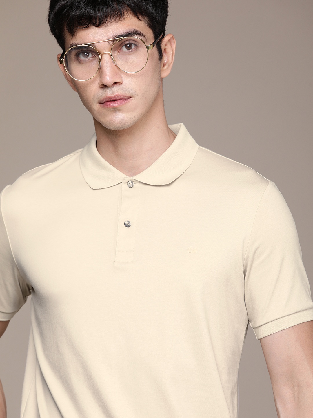 

Calvin Klein Jeans Men Beige Polo Collar Pure Cotton Slim Fit T-shirt