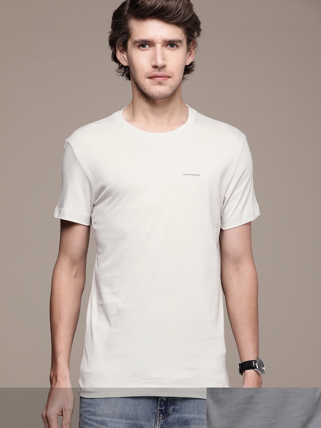 

Calvin Klein Jeans Men Pack of 2 Brand Logo Printed Pure Cotton Slim Fit T-shirt, Off white