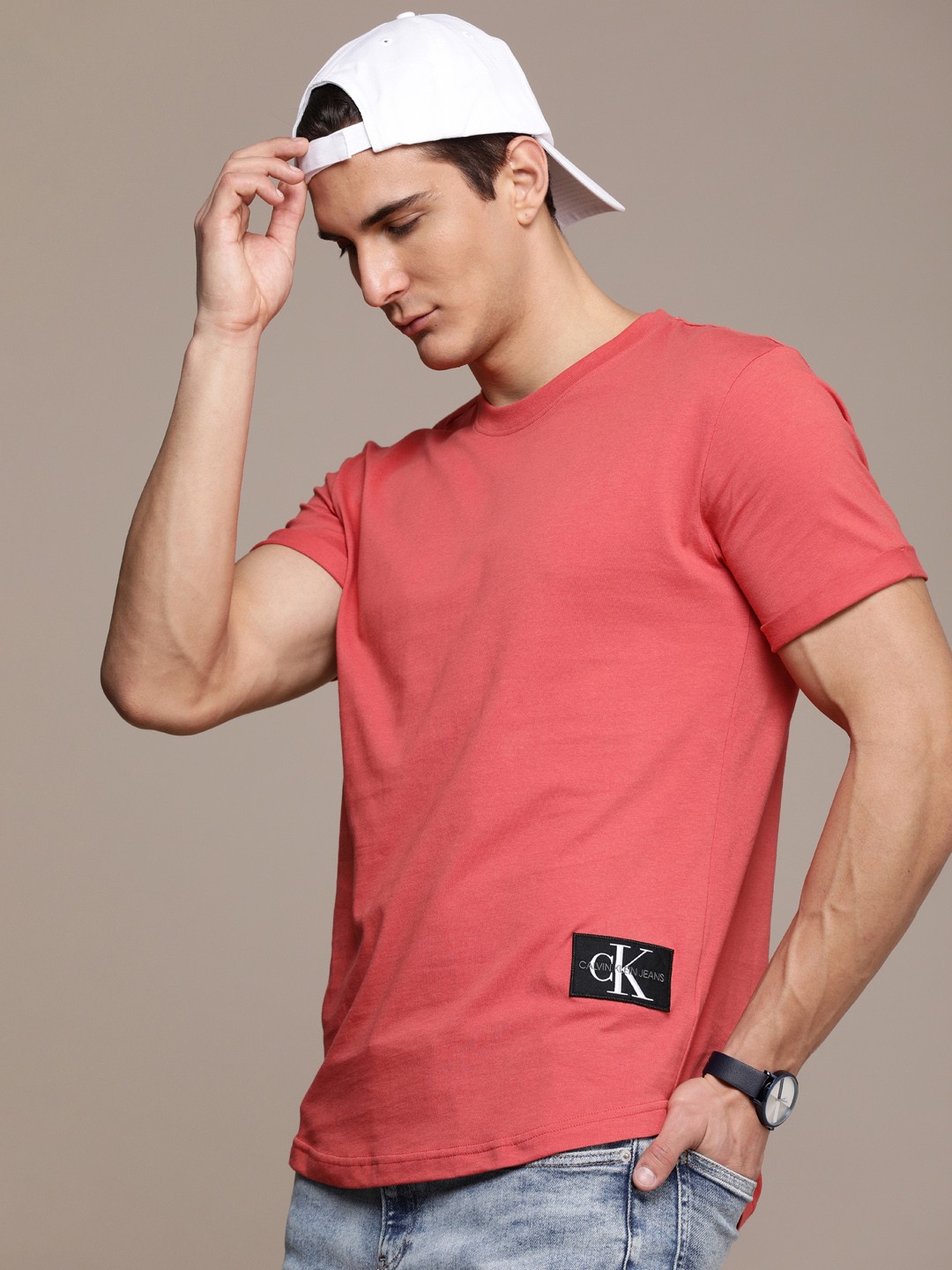 

Calvin Klein Jeans Men Red Solid Pure Cotton T-shirt