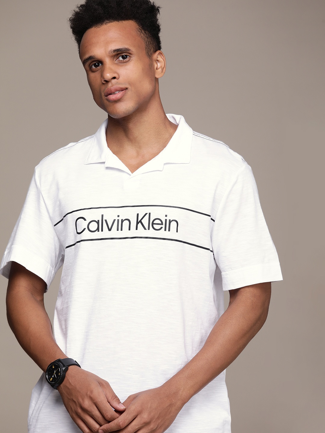 

Calvin Klein Jeans Men White Brand Logo Printed Polo Collar Pure Cotton T-shirt