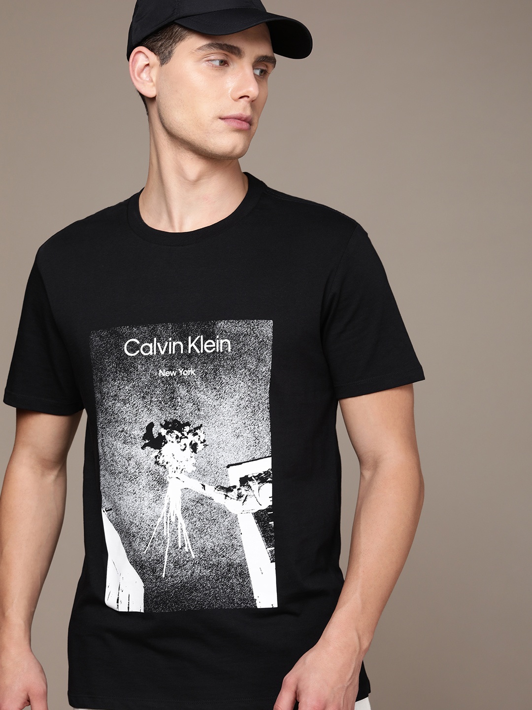 

Calvin Klein Jeans Men Black & White Graphic Printed Pure Cotton T-shirt