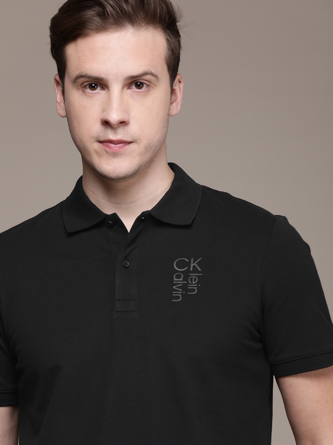 

Calvin Klein Jeans Men Black Brand Logo Printed Polo Collar Slim Fit Casual T-shirt