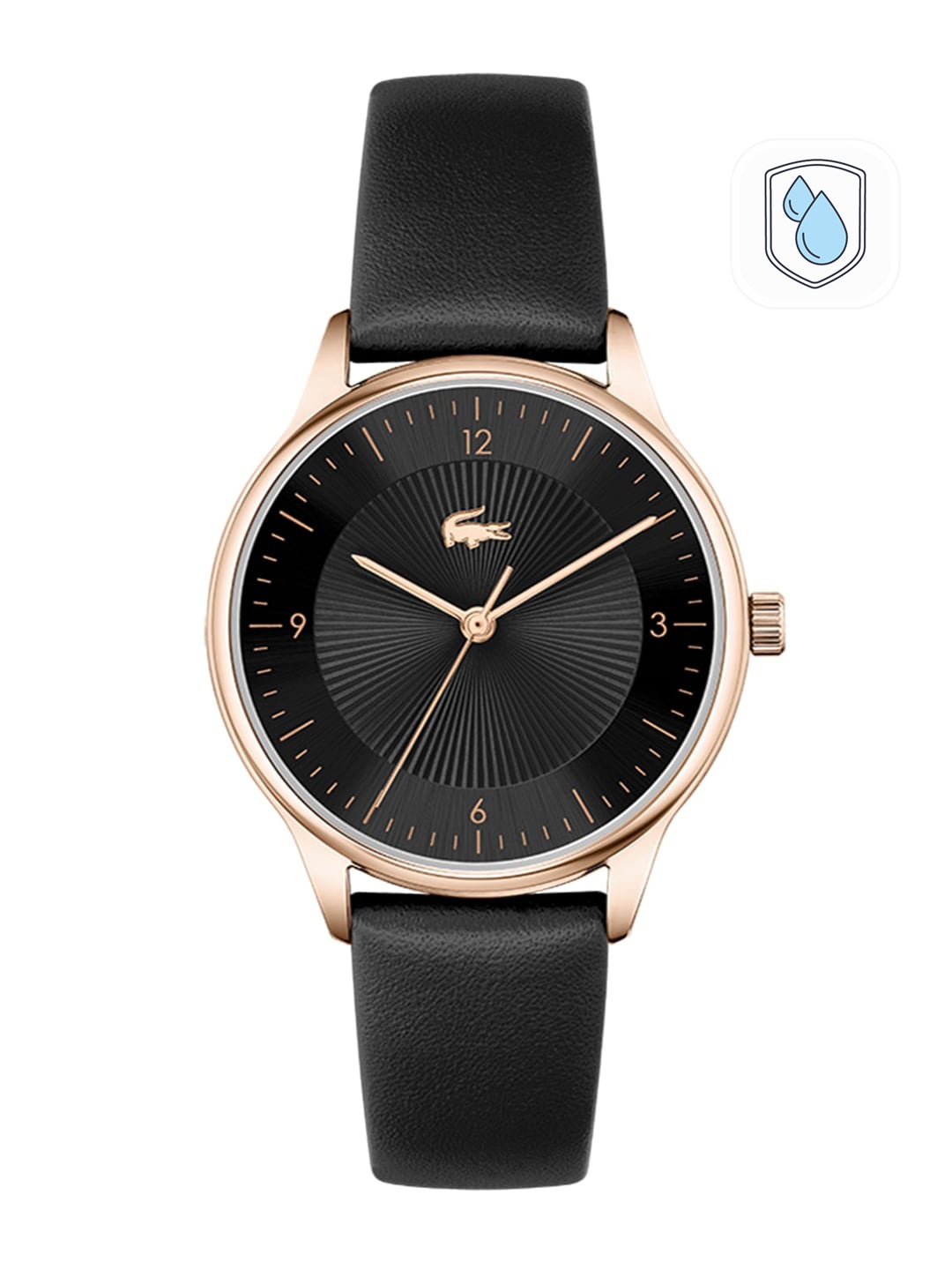 

Lacoste Women Black Brass Embellished Dial & Black Leather Bracelet Style Straps Analogue Watch 2001187