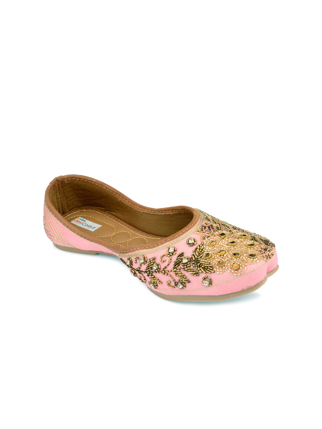 

DESI COLOUR Women Pink Embellished Leather Ethnic Mojaris Flats