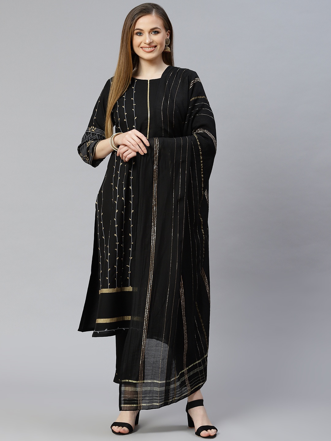 

ZIYAA Women Black & Golden Printed Aari Work Kurta with Trousers & Dupatta