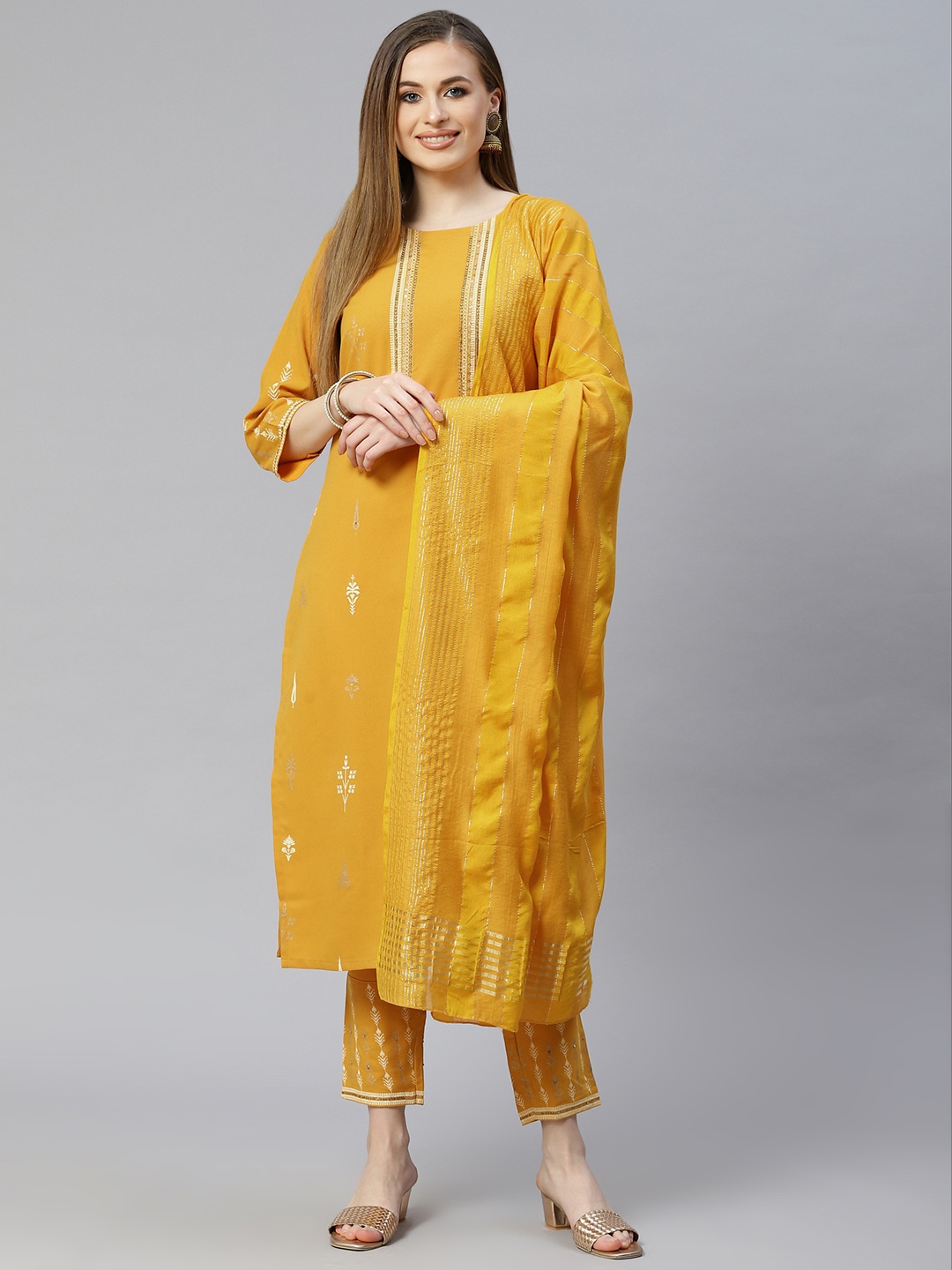 

ZIYAA Women Mustard Yellow & Golden Aari Work Yoke Design Kurta with Trousers & Dupatta