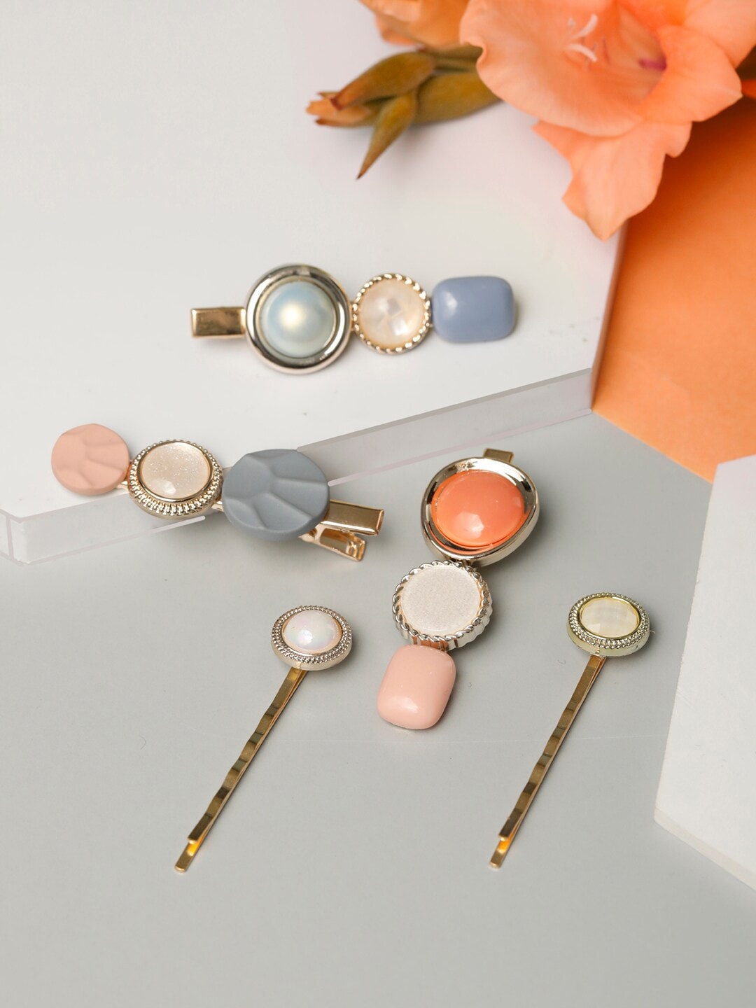 

PRITA BY PRIYAASI Women Set Of 5 Multicolor Stones Studded Hair Pins, Gold