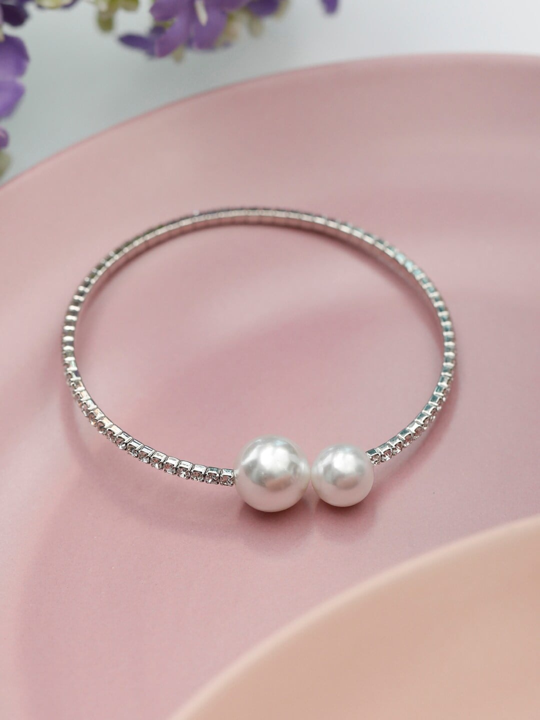 

PRITA Women Silver-Toned & White AD Pearl Handcrafted Silver-Plated Bangle-Style Bracelet