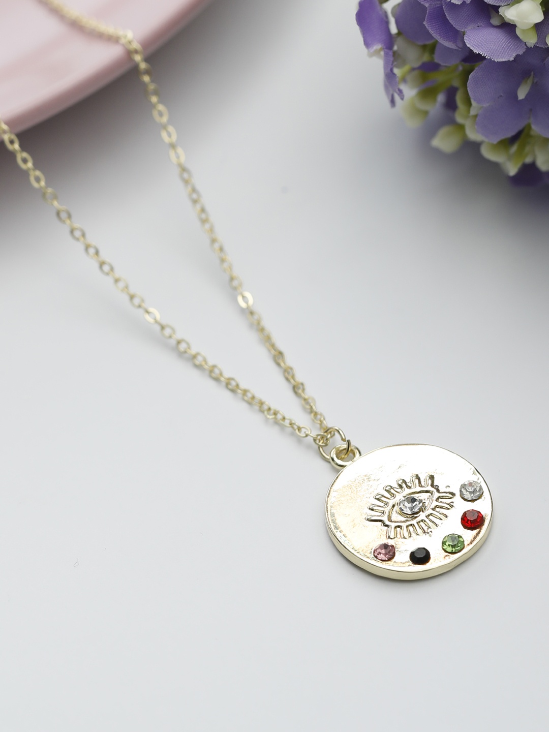 

PRITA BY PRIYAASI Gold-Toned & Red Stones Studded Brass Gold-Plated Evil Eye Pendant Necklace