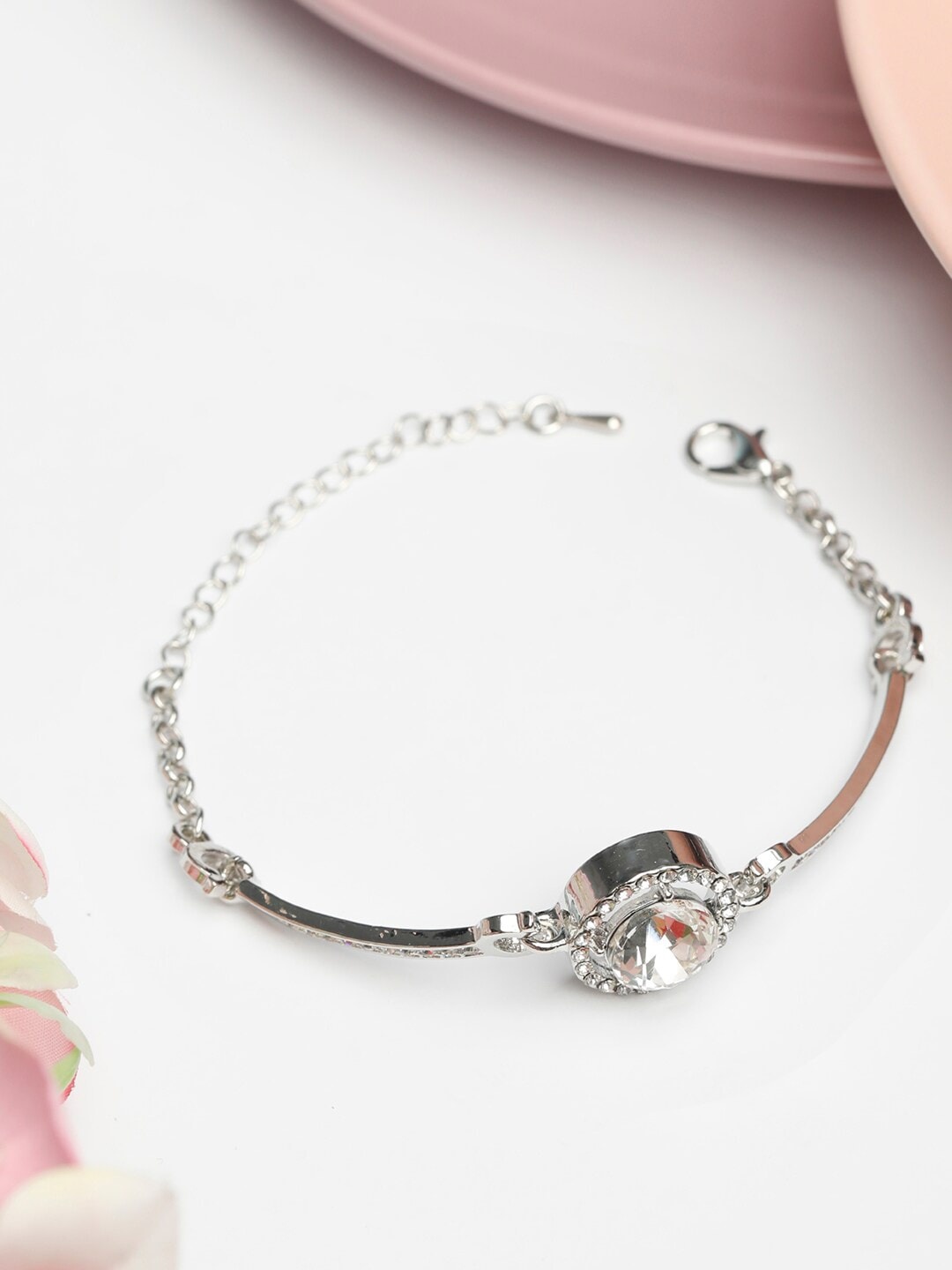 

PRITA BY PRIYAASI Women Silver-Toned Brass American Diamond Silver-Plated Link Bracelet