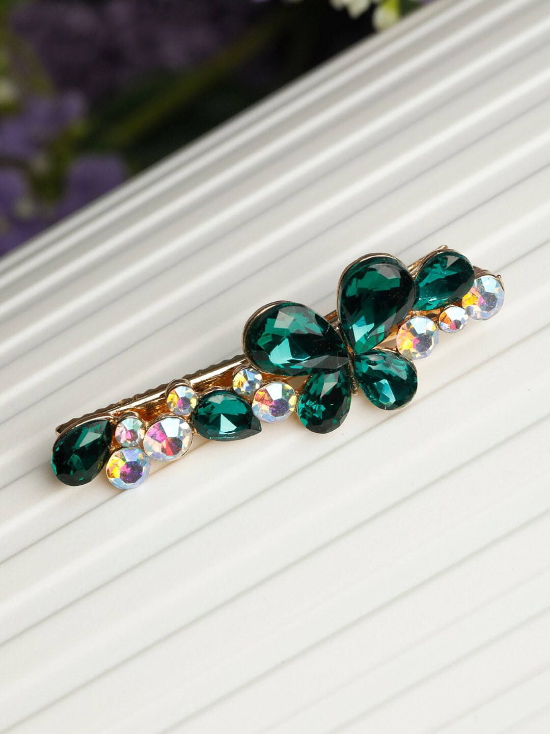 

PRITA BY PRIYAASI Women Green Stone Studded Floral Hair Pin
