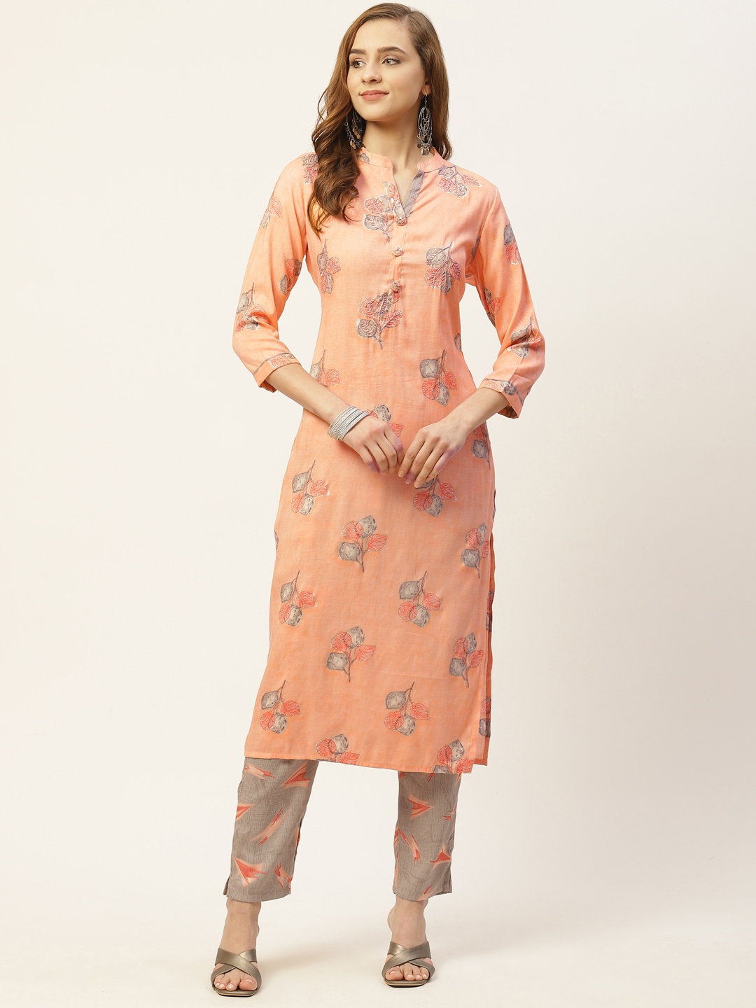 

INDYES Women Peach-Coloured Ethnic Motifs Printed Pure Cotton Kurta with Trousers