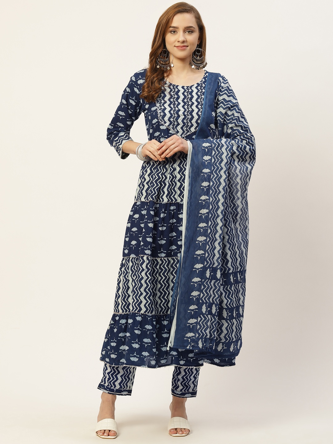 

INDYES Women Navy Blue & White Yoke Design Pleated Cotton Kurta with Trousers & Dupatta