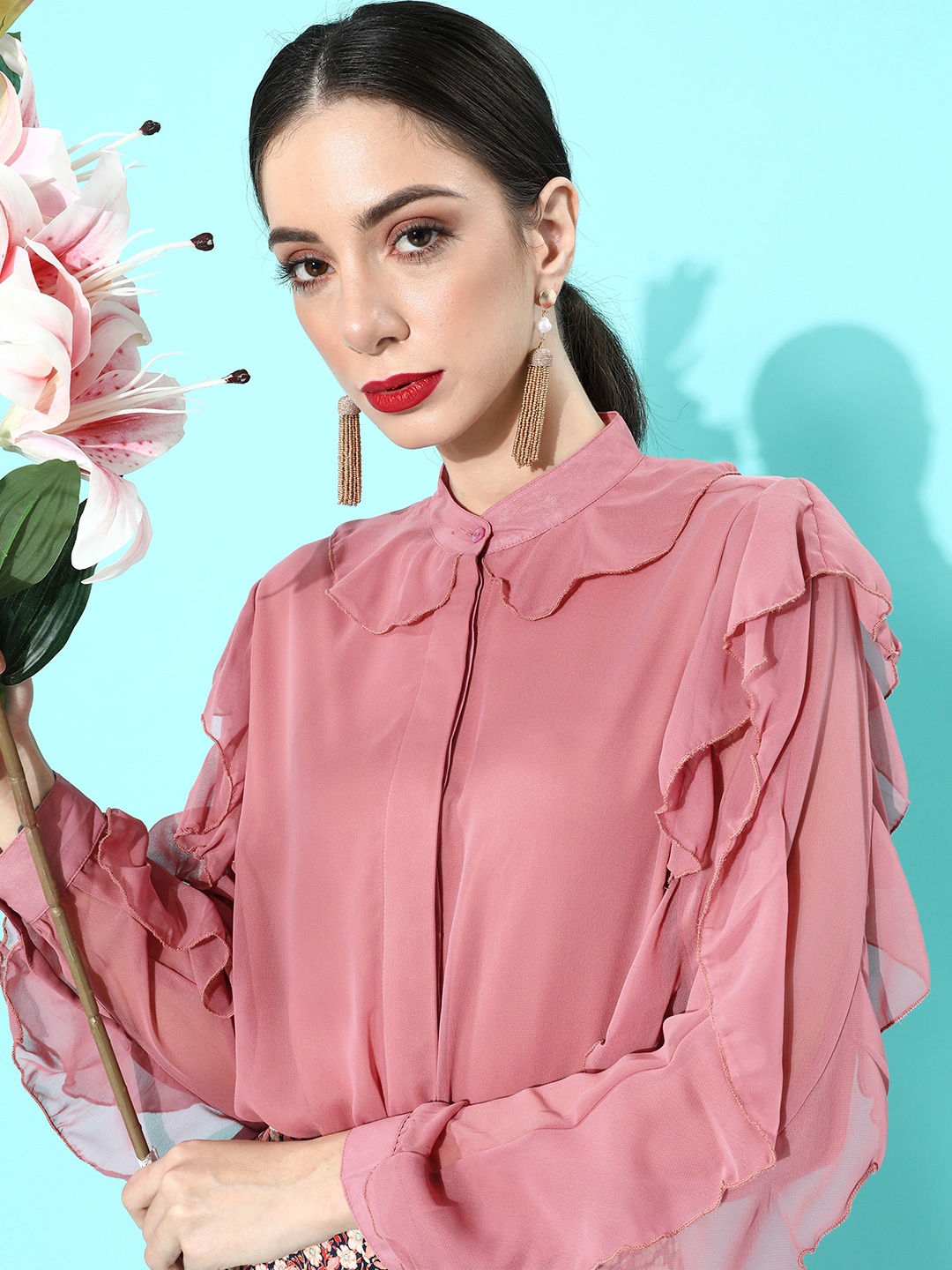 

plusS Women Pretty Pink Solid Ruffled Shirt