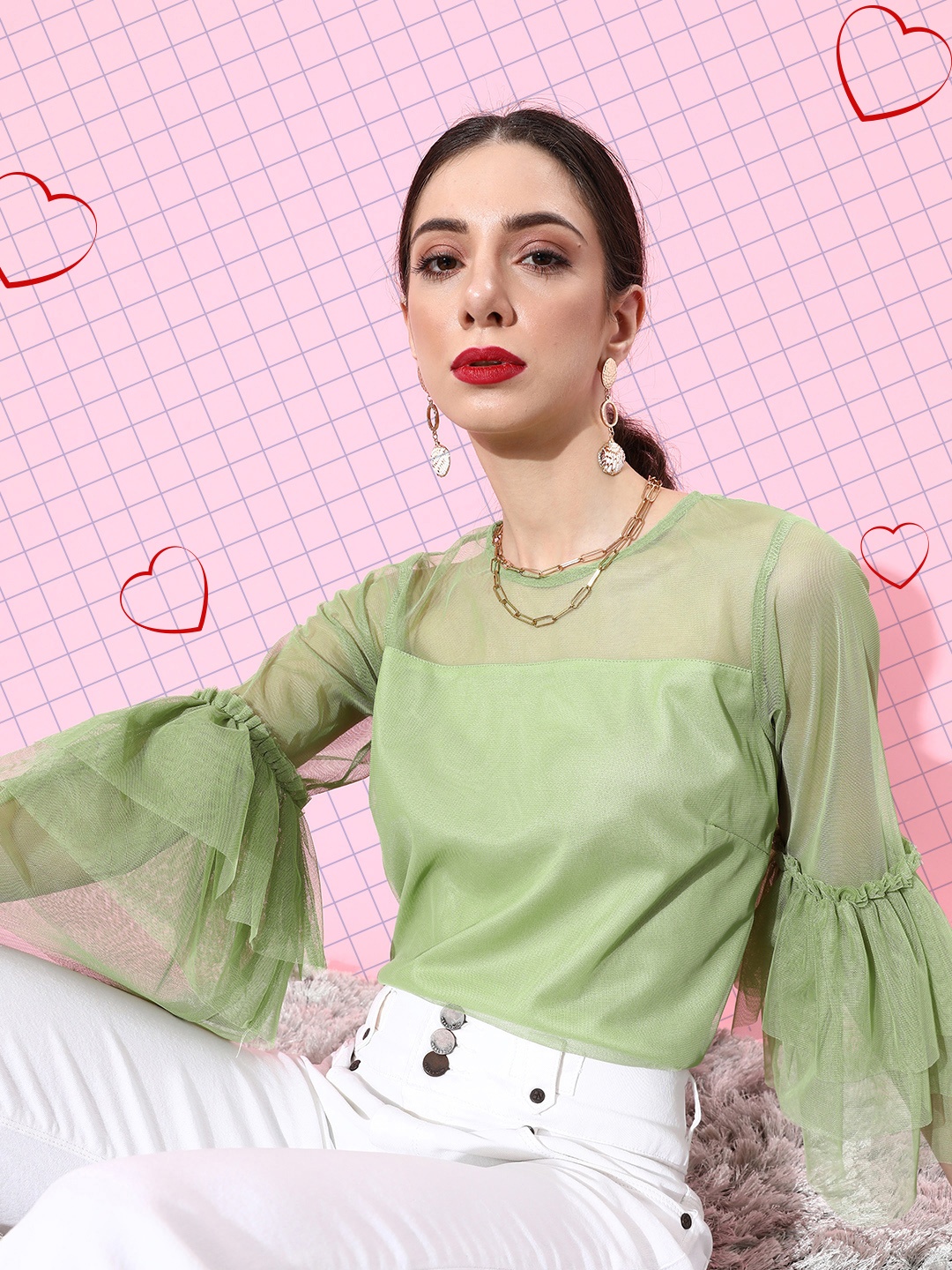 

plusS Women Gorgeous Green Solid Sheer Top