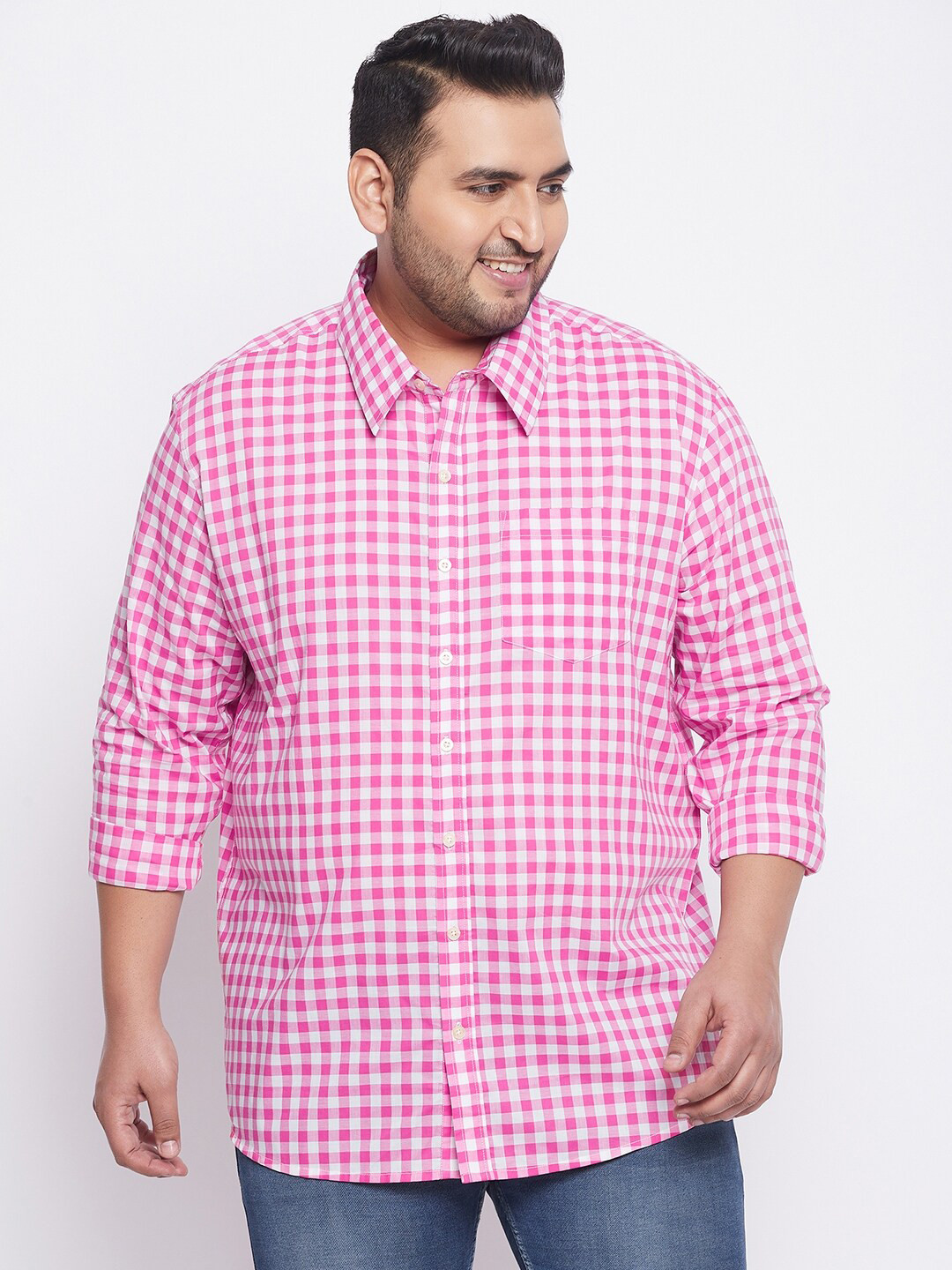 

bigbanana Plus Size Men Pink Comfort Gingham Checks Checked Cotton Casual Shirt