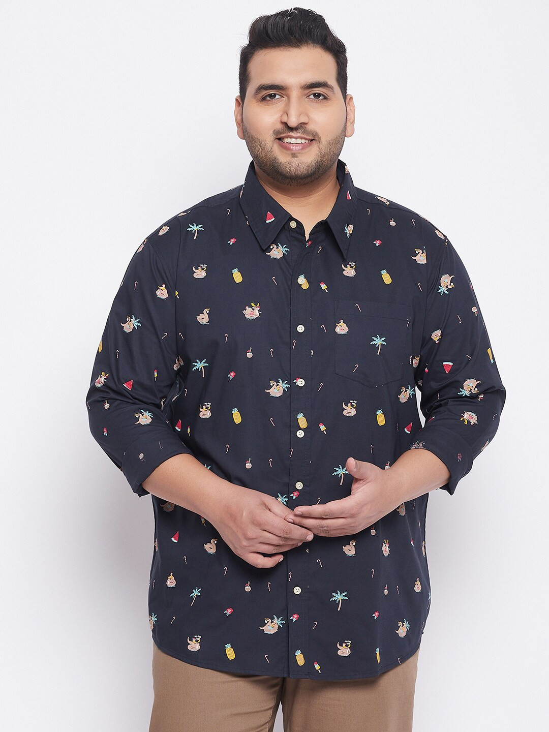 

bigbanana Men Navy Blue Comfort Printed Plus Size Casual Shirt