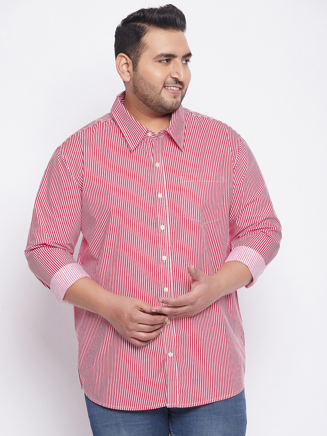 

bigbanana Plus Size Men Red Comfort Striped Cotton Casual Shirt