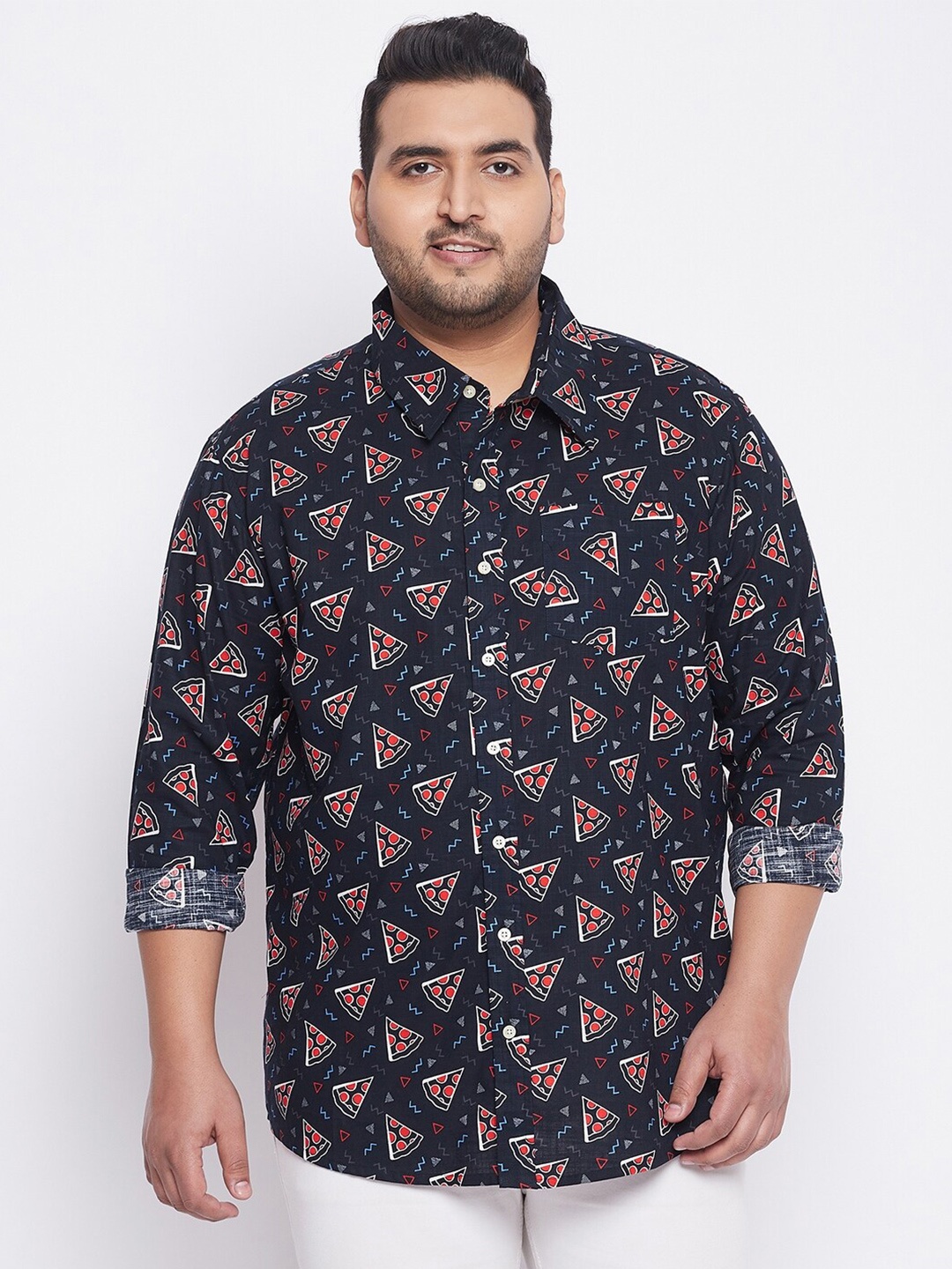 

bigbanana Plus Size Men Navy Blue Comfort Printed Pure Cotton Casual Shirt