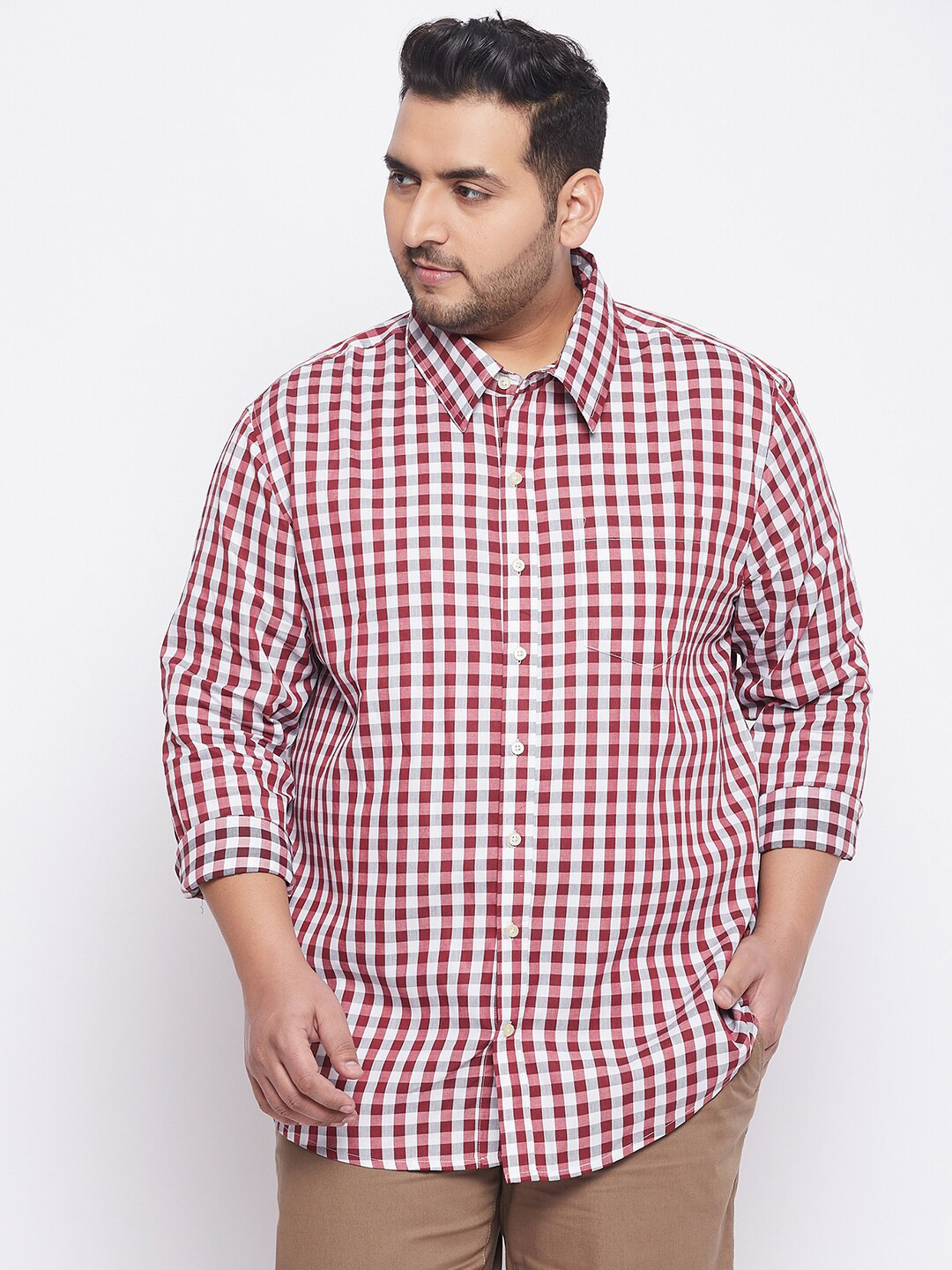 

bigbanana Plus Size Men Red Comfort Gingham Checks Checked Casual Shirt