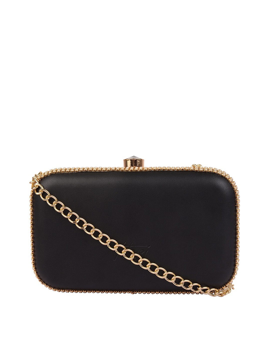 

Vdesi Black & Gold-Toned Embellished Box Clutch With Metal Strap