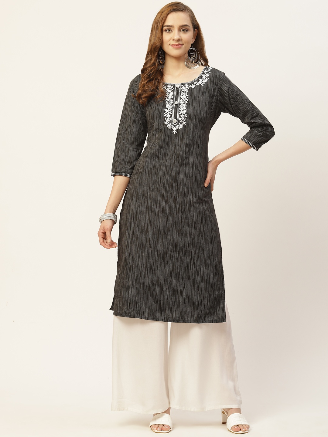 

INDYES Women Black & Charcoal Striped Yoke Thread Work Cotton Straight Kurta