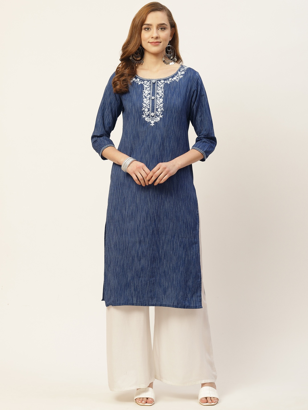 

INDYES Women Navy Blue & White Striped Thread Work Yoke Design Cotton Straight Kurta