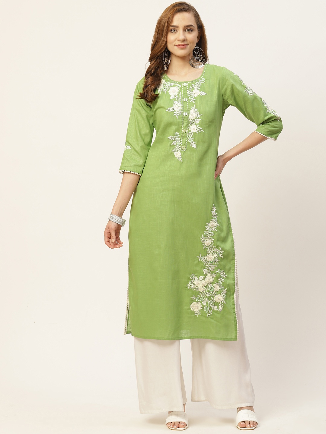 

INDYES Women Green & White Woven & Aari Work Cotton Straight Kurta