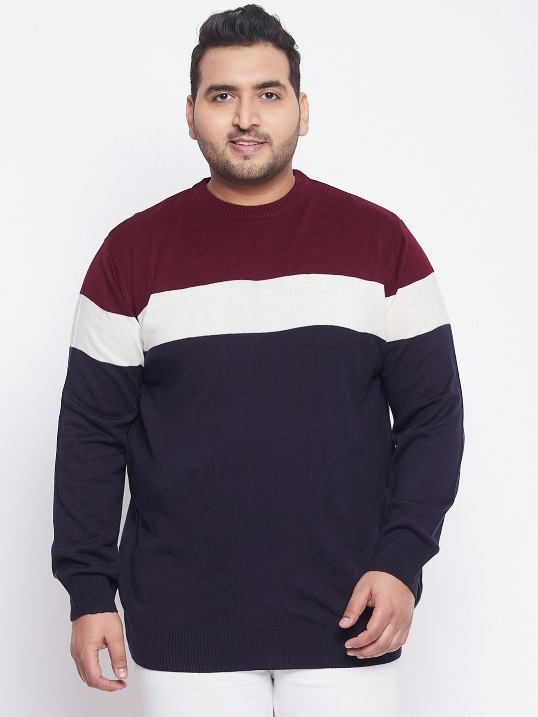 

bigbanana Plus Size Men Navy Blue & White Colourblocked Pullover