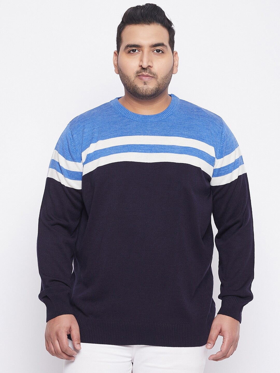 

bigbanana Plus Size Men Navy Blue & White Colourblocked Pullover