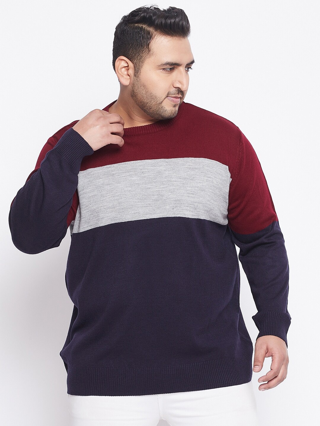 

bigbanana Plus Size Men Navy Blue & Grey Colourblocked Acrylic Pullover