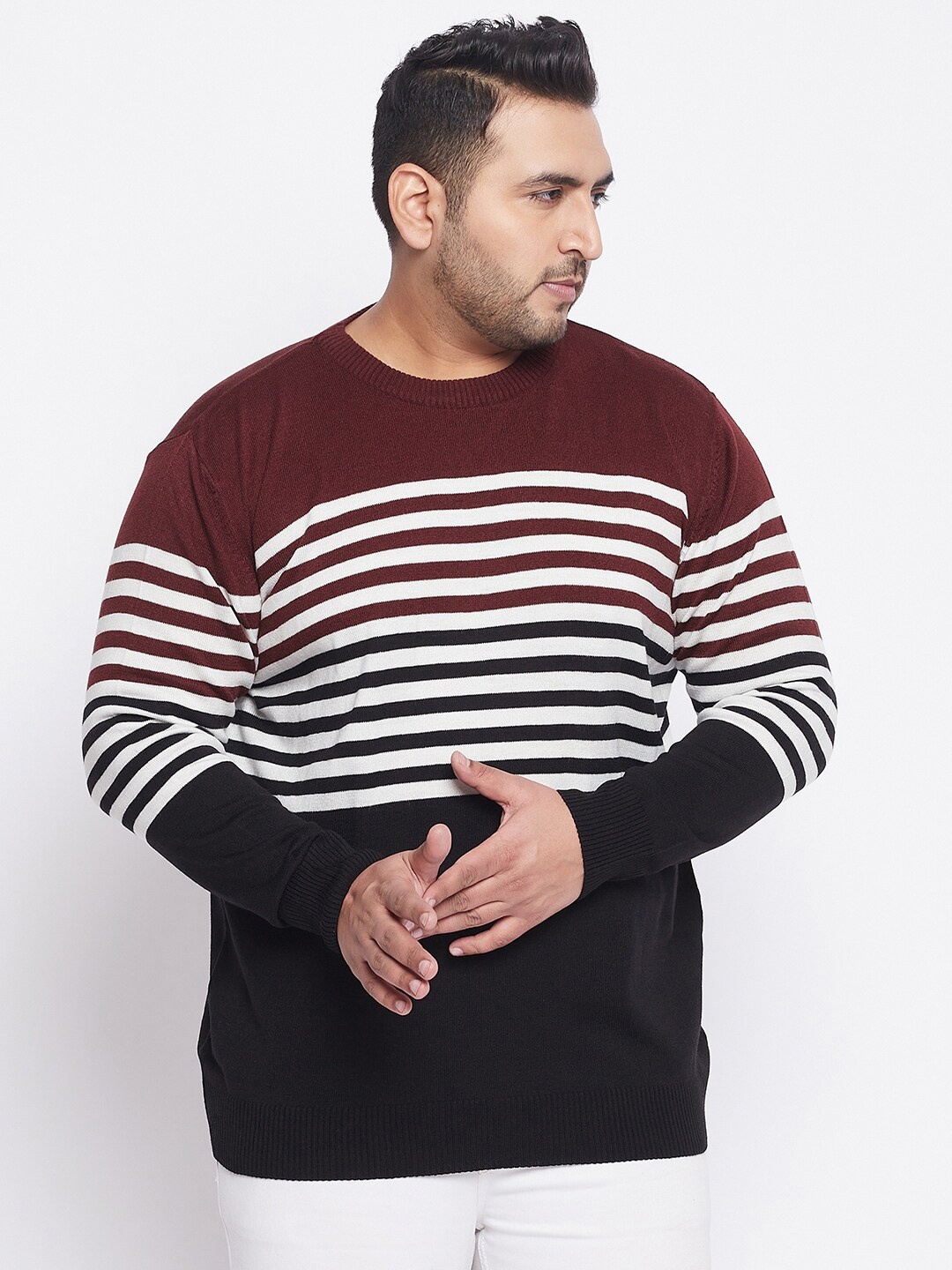 

bigbanana Men Plus Size Navy Blue & Maroon Striped Printed Acrylic Pullover
