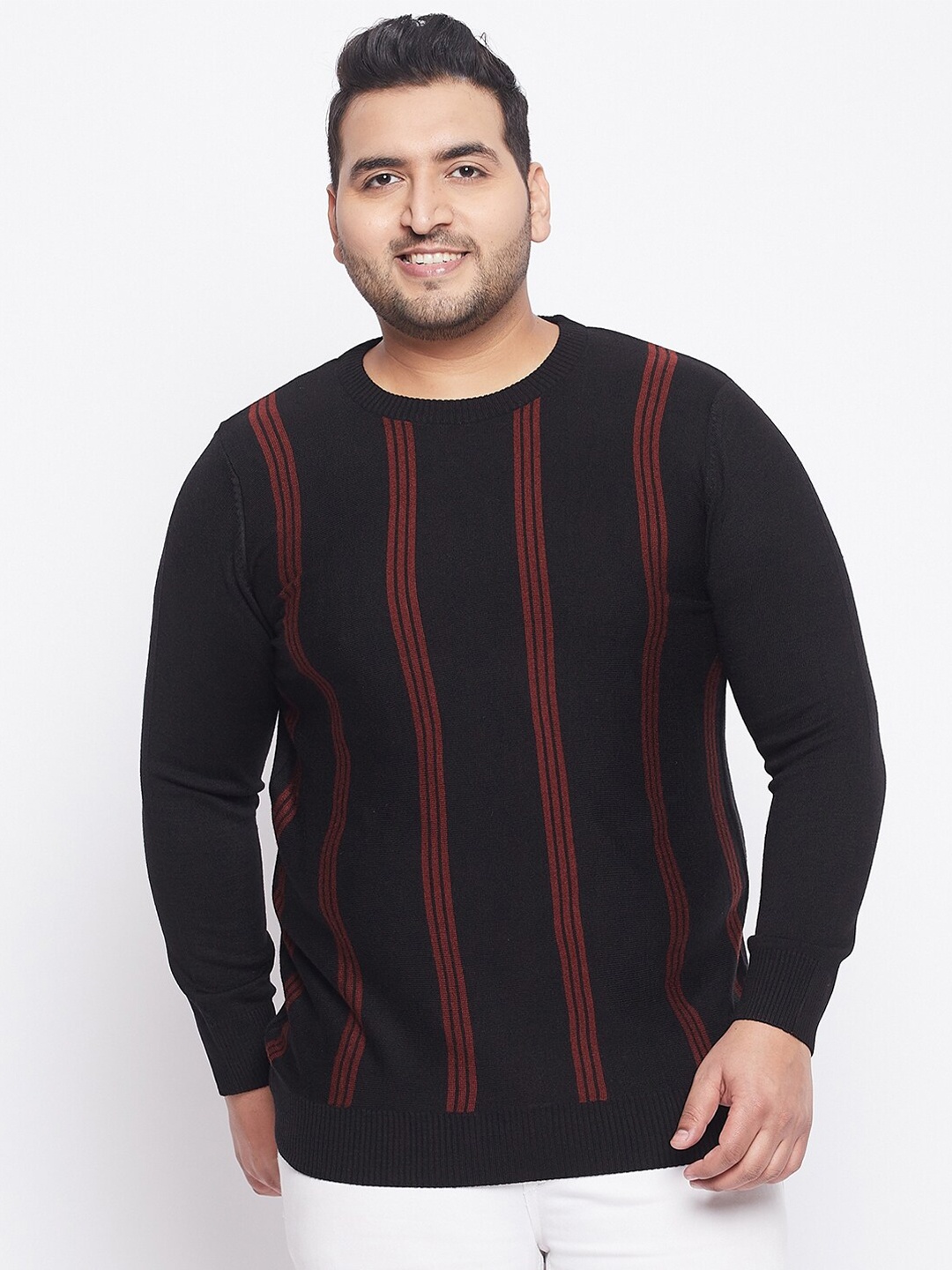 

bigbanana Plus Size Men Black & Red Striped Pure Acrylic Pullover