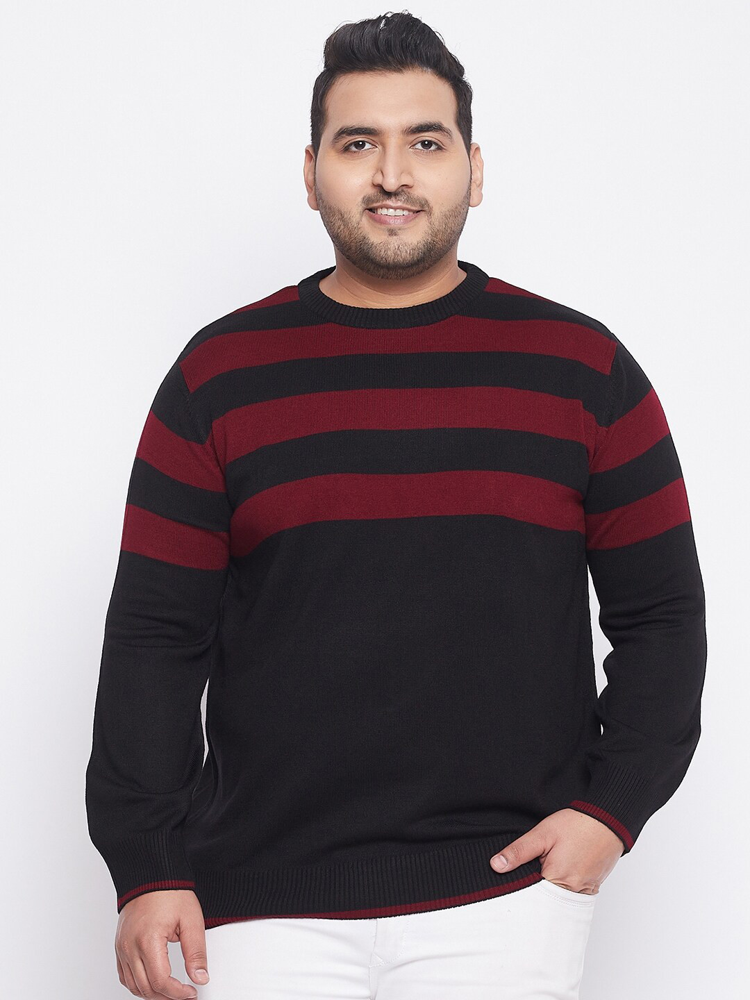 

bigbanana Plus Size Men Black & Red Striped Acrylic Pullover